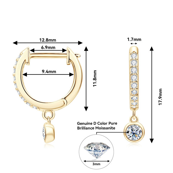 2CT 4CT Round Bezel Moissanite Drop Earrings 925 Sterling Silver Dangle Earring