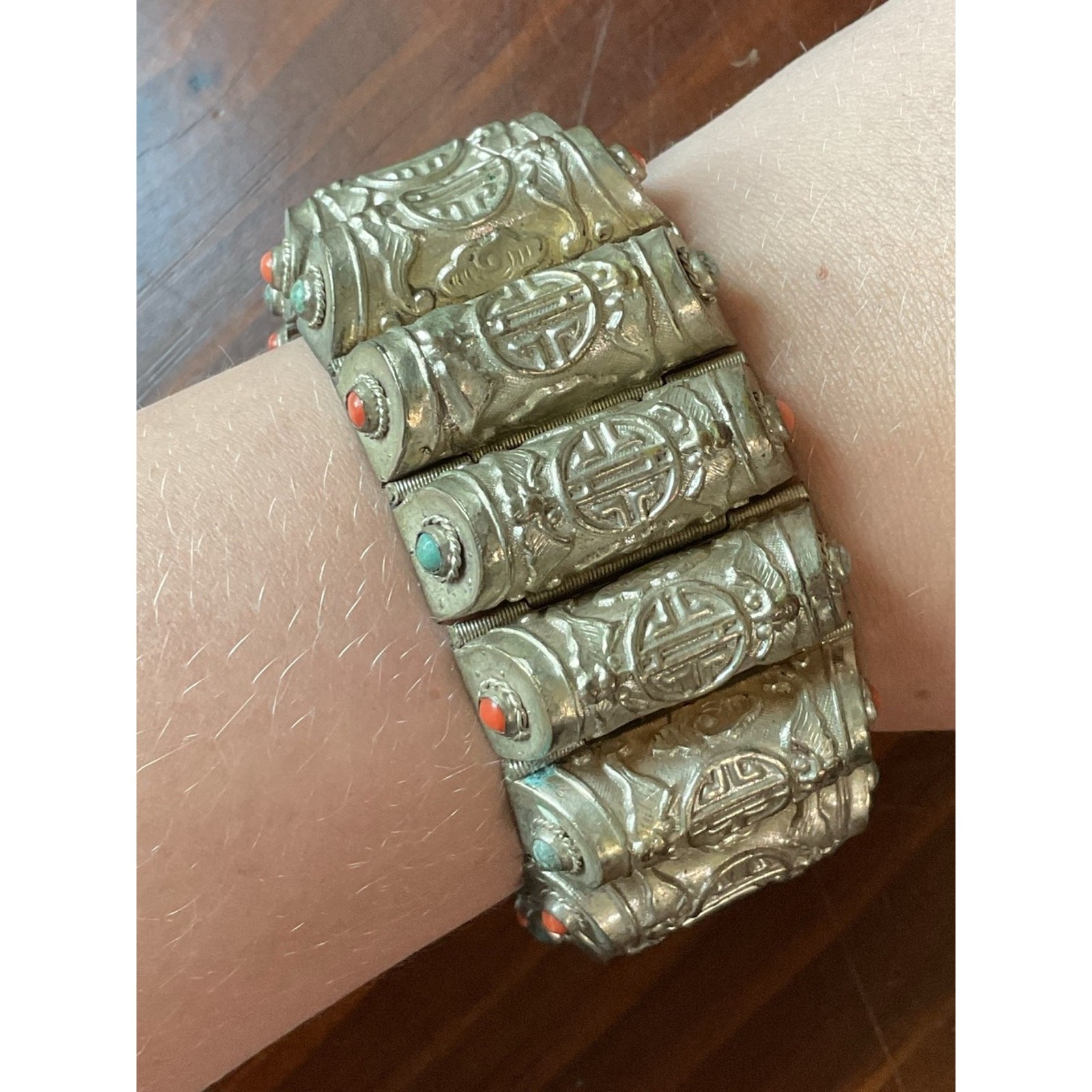 Vintage Chinese Export Silver Tone Asian Bracelet Cuff