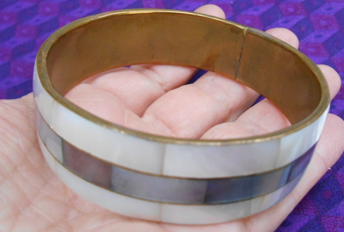 Bangle Bracelet White & Gray Inlaid Mother of Pearl Shell Jewelry