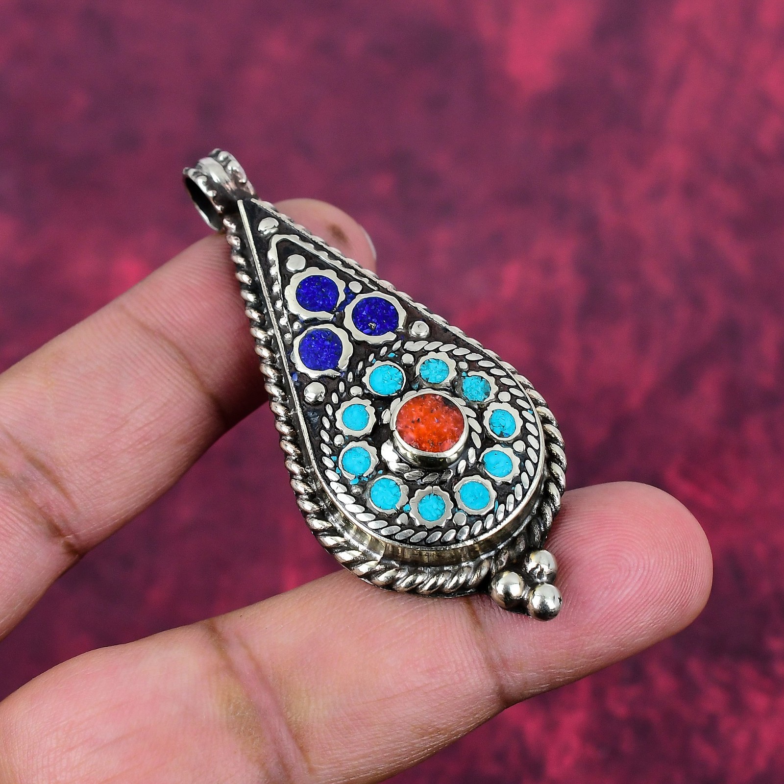 Turquoise, Coral Gemstone Handmade Jewelry 925 Sterling Silver Nepali Pendant