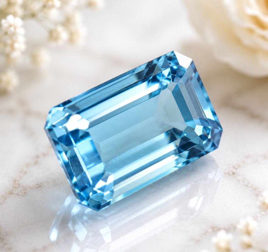 10CT Natural Brazilin Blue Aquamarine Emerald Cut Gemstone March Birthstone