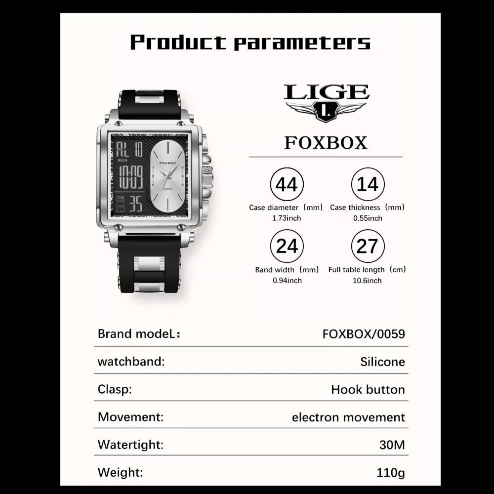Sport Men Watch Quartz Square Big Dial LED Digital Waterproof Male Wristwatch