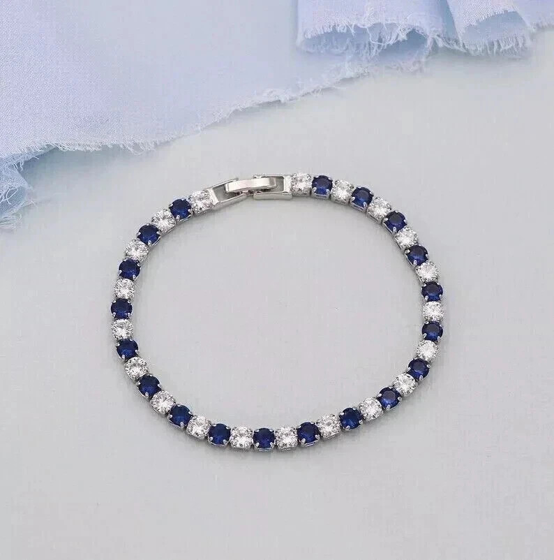 11Ct Round Cut Lab-Created Blue Sapphire Tennis Bracelet 14K White Gold Plated