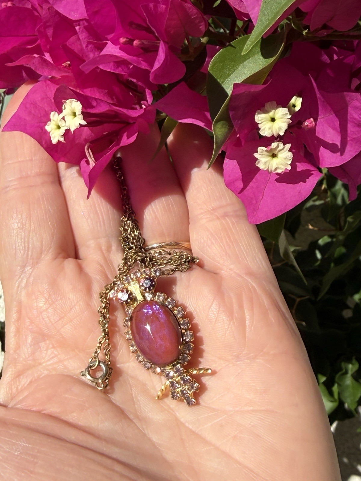 Vintage Gold Tone Signed Hobe Pink Jelly Belly Crystal Owl Pendant & Necklace