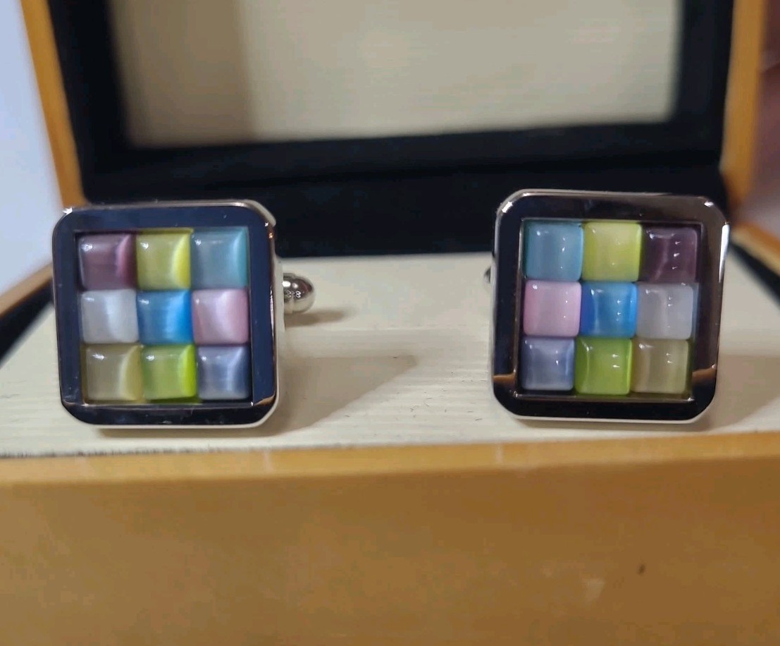 Geoffrey Beene Mens Silver Tone Multicolor Square Cufflinks Formal Wear