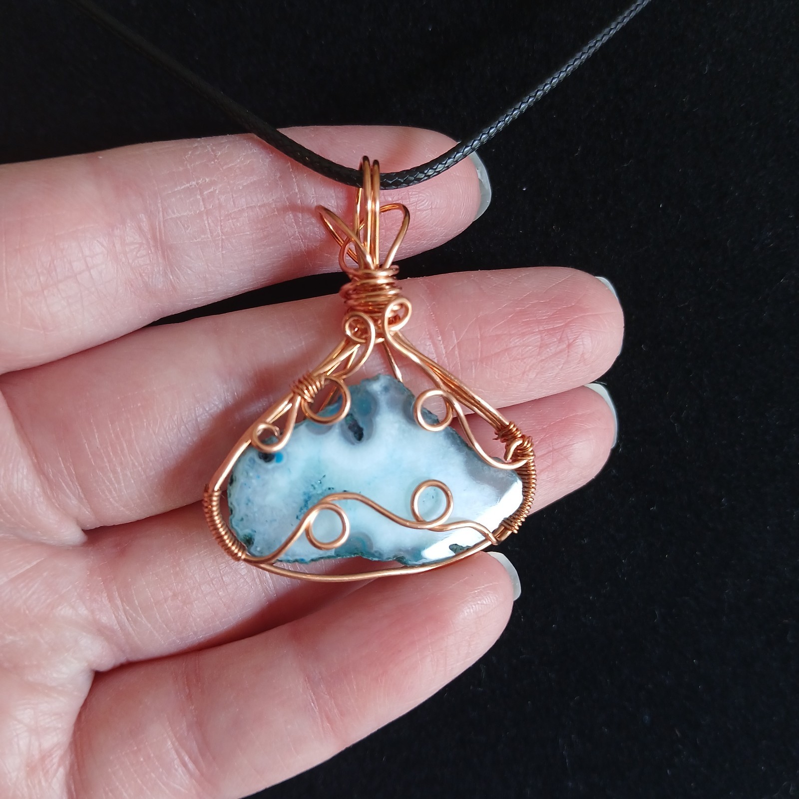 Copper wire wrapped teal blue agate slice pendant with black cord necklace…