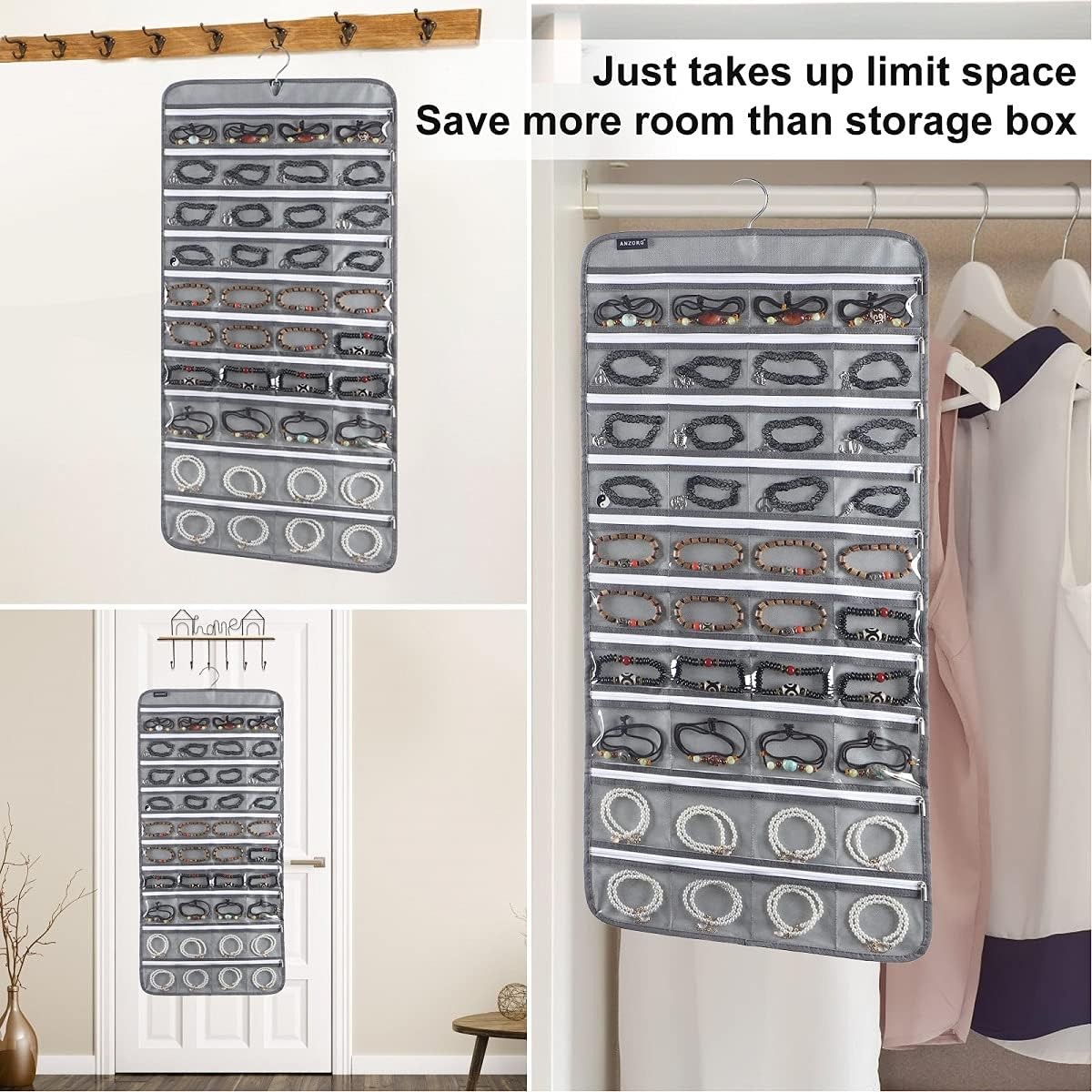80 zippered pockets hanging jewelry organizer for storing jewelry