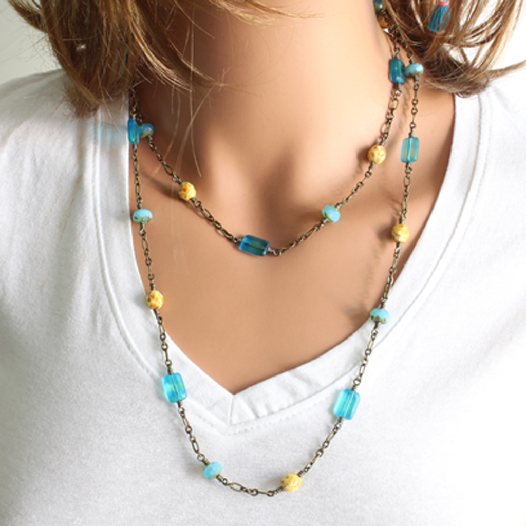 Czech Glass Beads Wire Wrapped Long Necklace