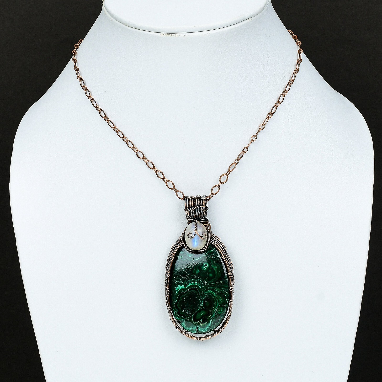 Gift For Her Russian Malachite Wire Wrapped Pendant Copper Jewelry 3.03″