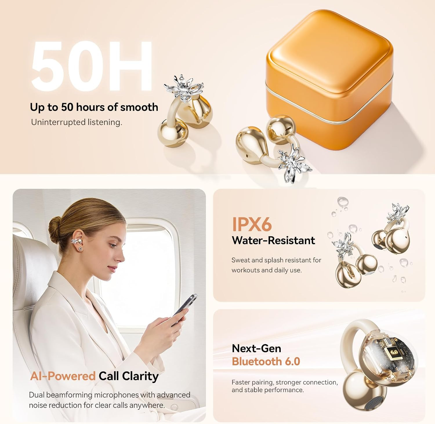 Wireless Bluetooth Earbuds with Detachable Butterfly Earrings & LED Case