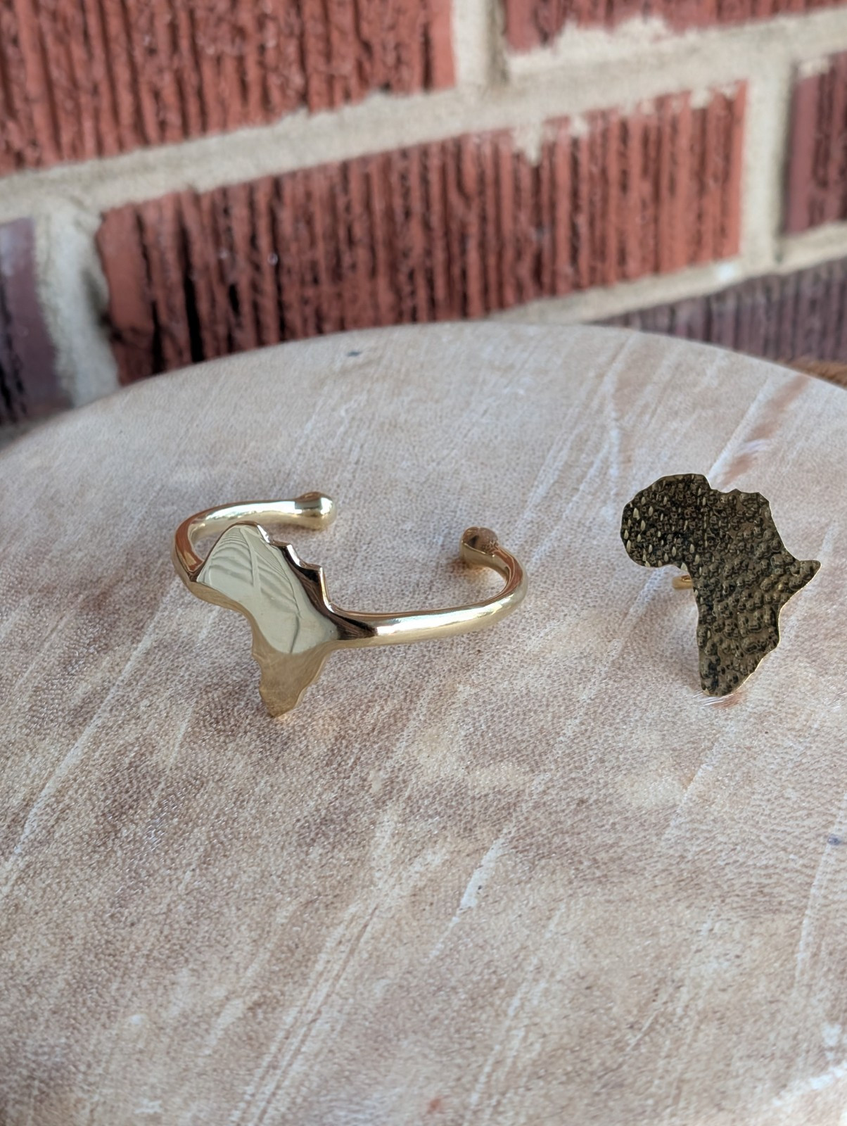 Gold Brass Africa-shaped Bangle & Ring Set -Handmade in Kenya-Adjustable Ring