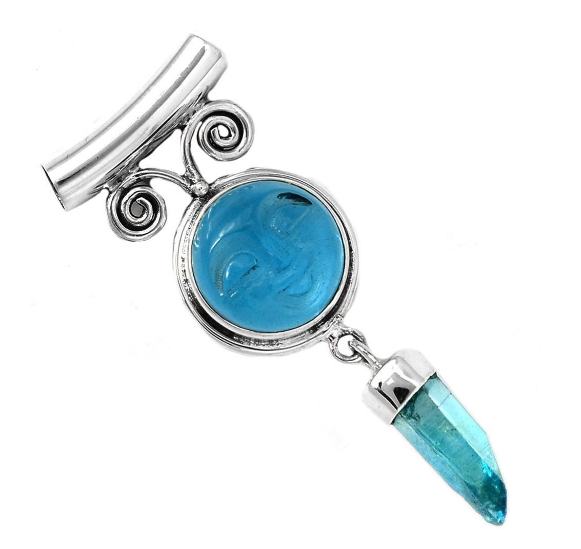 Blue Moon Face Quartz & Aqua Aura Quartz Sterling Silver Pendant