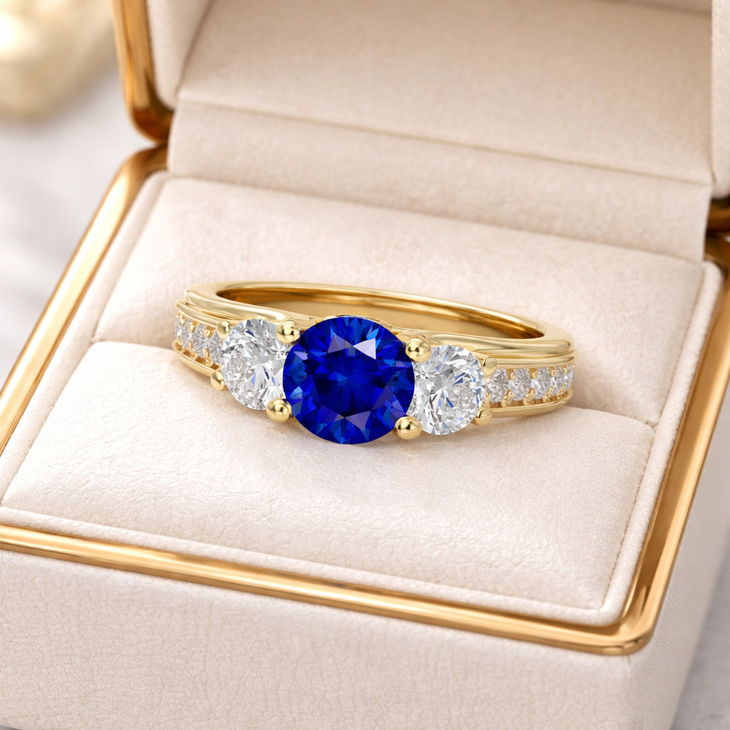 2.80 Ct Round Cut Natural Sapphire & Diamond Propose Ring 14K Yellow Gold Size 8