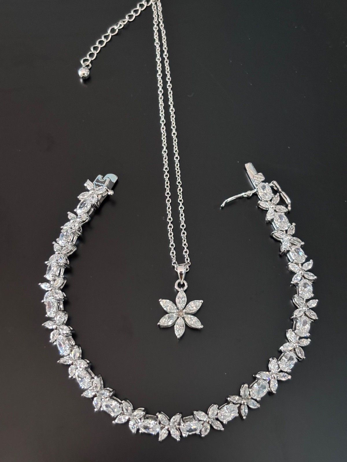 VTG Sterling Silver Bracelet Flower Oval Clear CZ 7.25 inches (Plus Necklace)