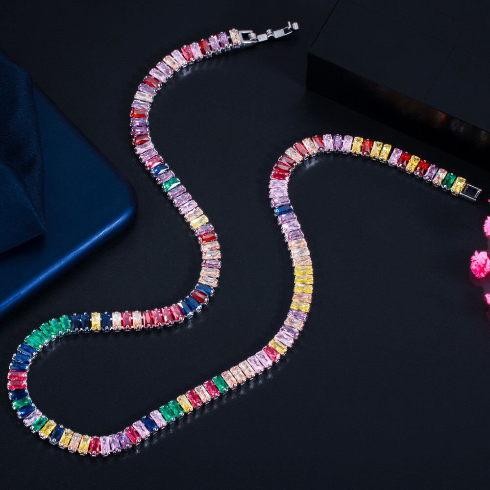 Colorful Rainbow Cubic Zirconia Tennis Necklace Gold Plated Women Bridal Jewelry