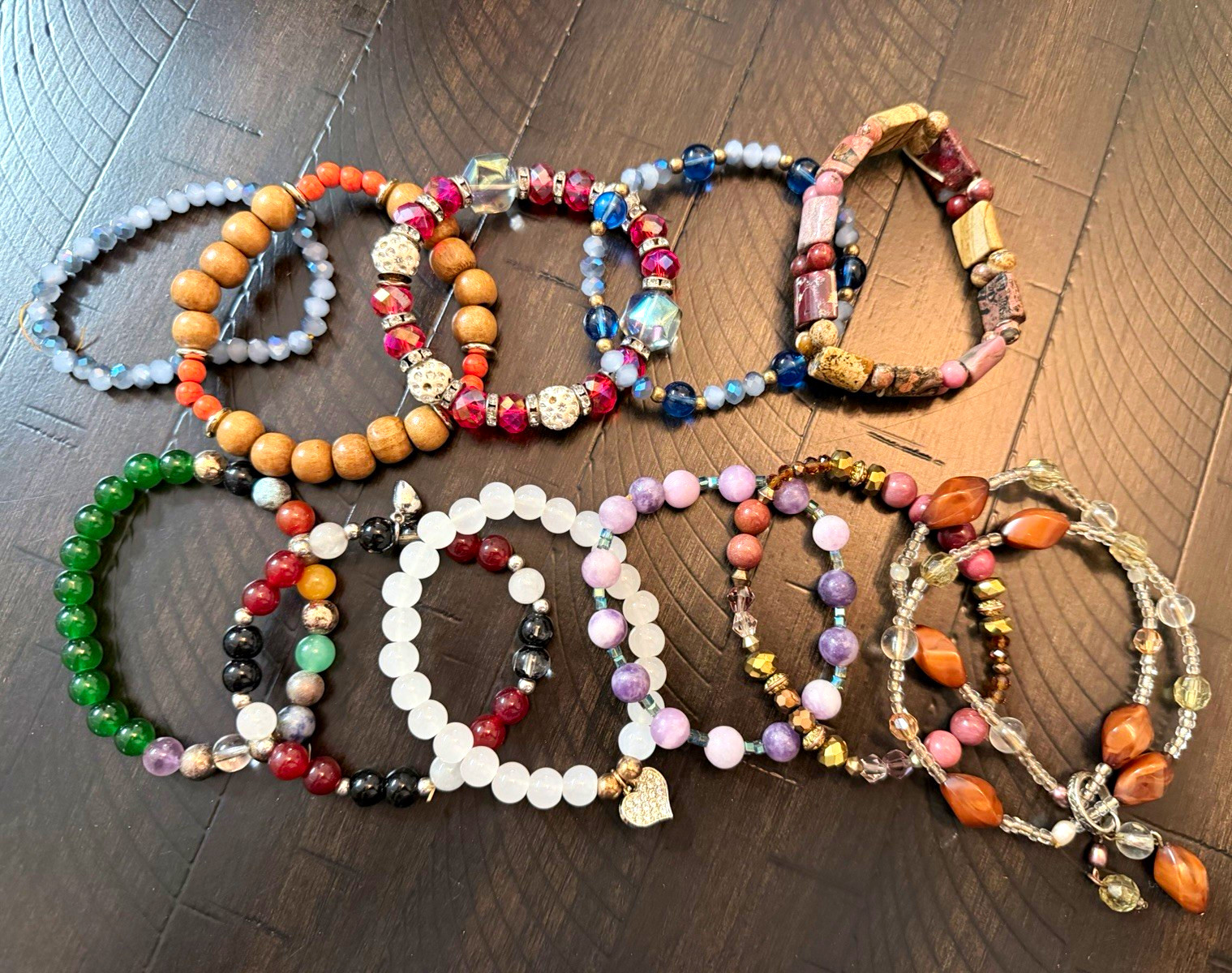 11 Mixed Stretch Bracelet Lot Glass Crystal Beads Wood Stone Boho Colorful Jew
