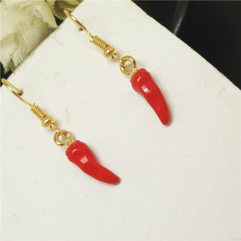 Cute New Yellow Gold Red Enamel Hot Chili Pepper Hook Dangle Drop Earrings