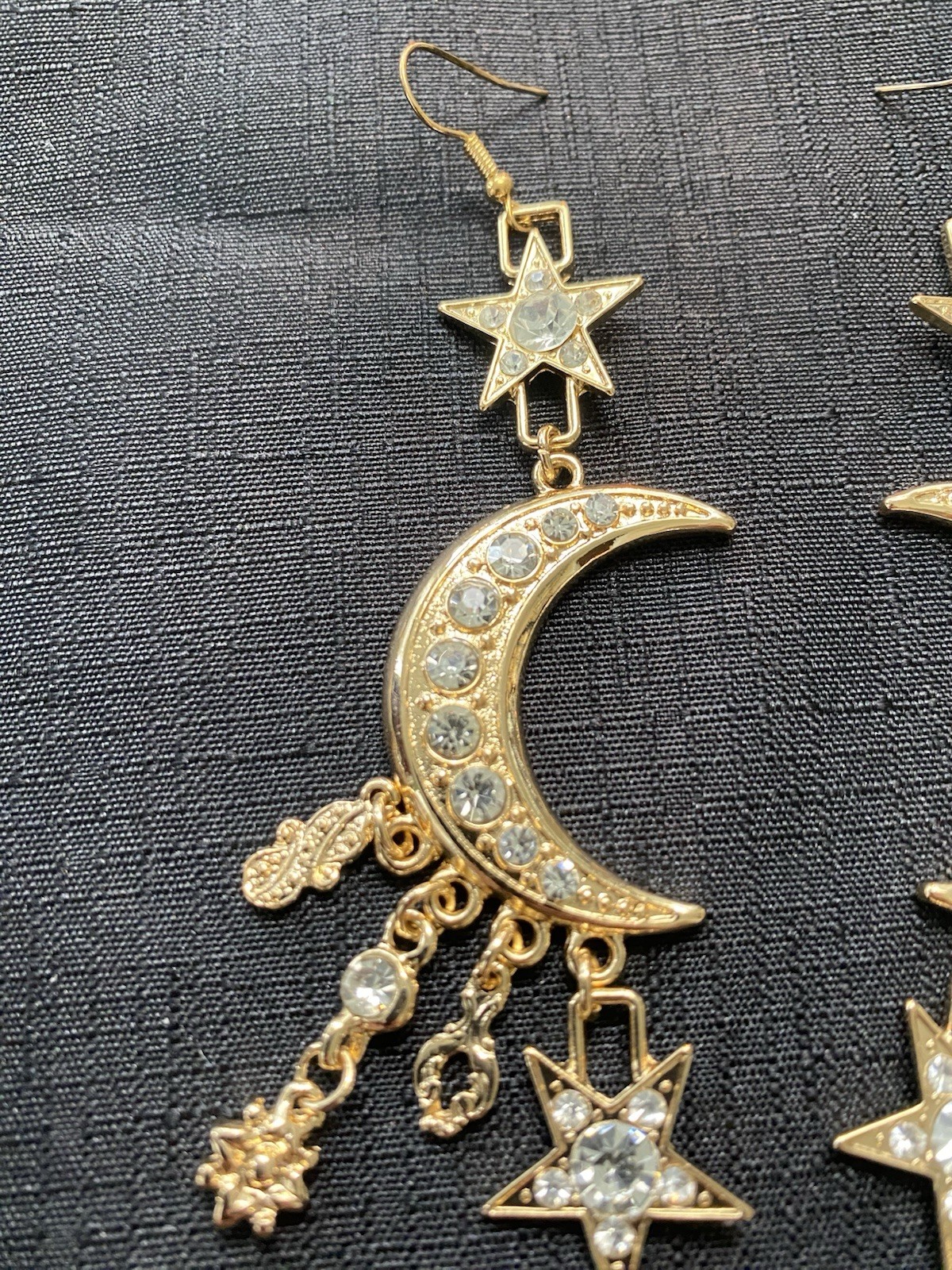 Gold Tone Celestial Moon Star Dangle Drop Earrings Crystal Rhinestone 3.75 in