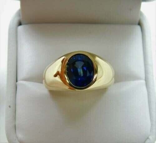 2 Ct Lab Created Oval Cut Blue Sapphire Ring For Men 14k Yellow Gold Plated