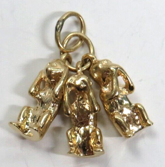 😎😜👍 Beautiful 14K Yellow Gold Pendant Charm Three Wise Monkeys See No Evil