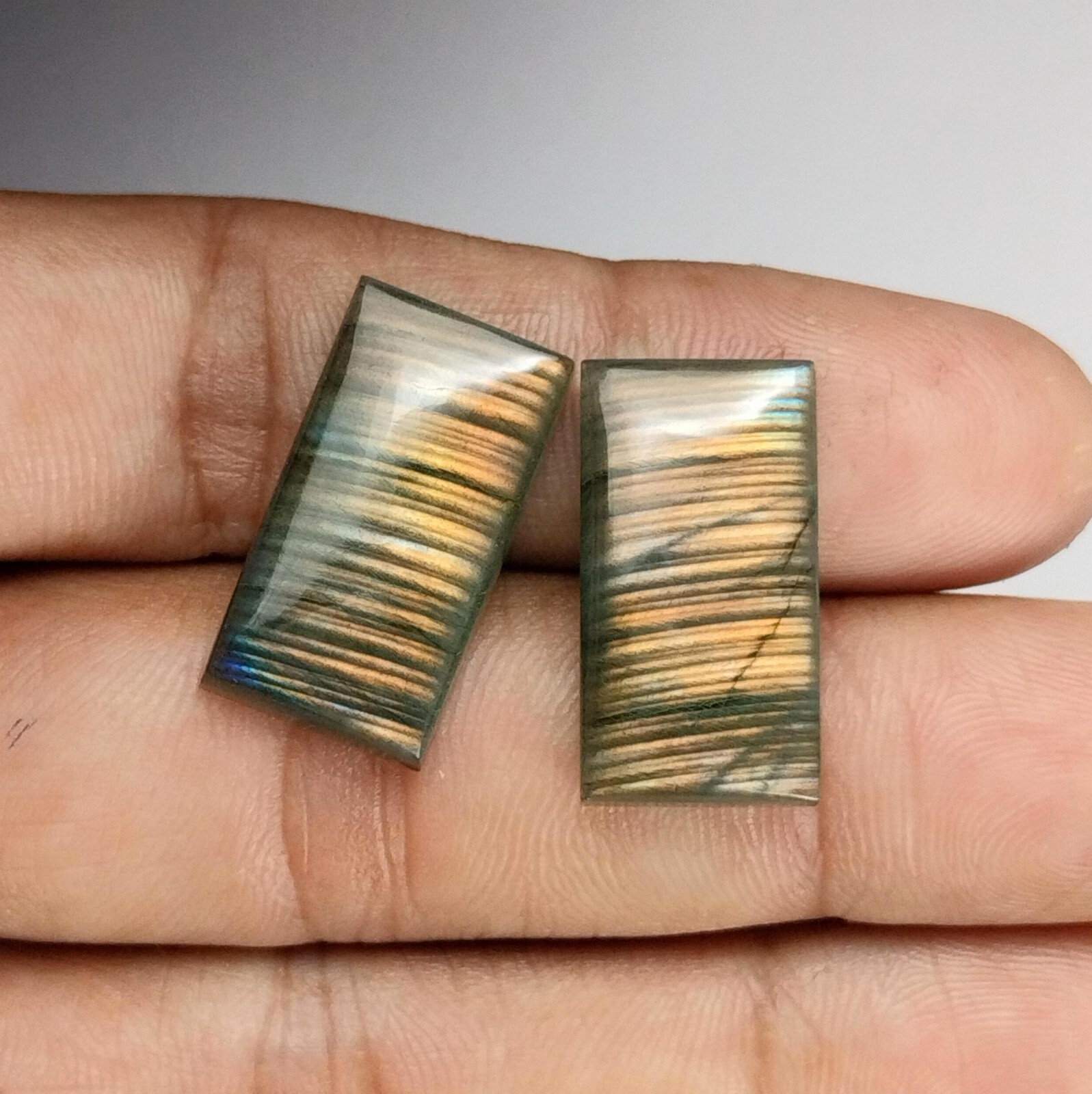Natural Labradorite Baguette Pair Cabochons – Flashy Gems for Jewelry 28.00 Ct