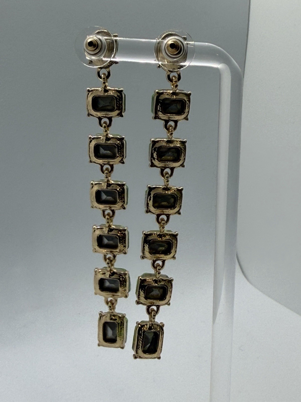 Green Crystal Rectangle Dangle Drop Earrings Gold Tone Prong Set 3.75 in