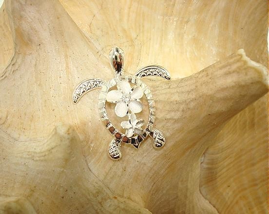 21.5MM SOLID 925 STERLING SILVER HAWAIIAN HONU SEA TURTLE PLUMERIA CZ PENDANT