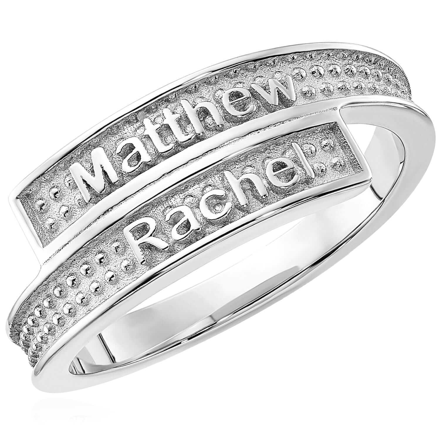 Personalized 14K White Gold Rose Custom Textured Band Name Ring