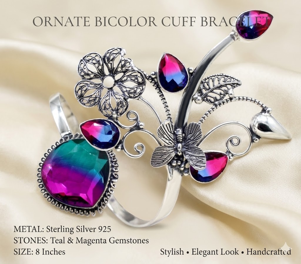 925 Sterling Silver Bi-Color Tourmaline Gemstone Handmade Jewelry Cuff Bracelet
