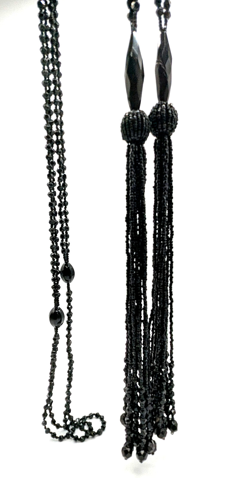 Antique Art Deco French Jet Black Glass Sautoir Open End Tassel Flapper Necklace
