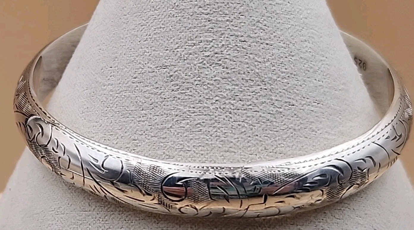 Sterling Silver Vintage Hand Engraved/Hinged Cuff Bracelet With Safety Chain