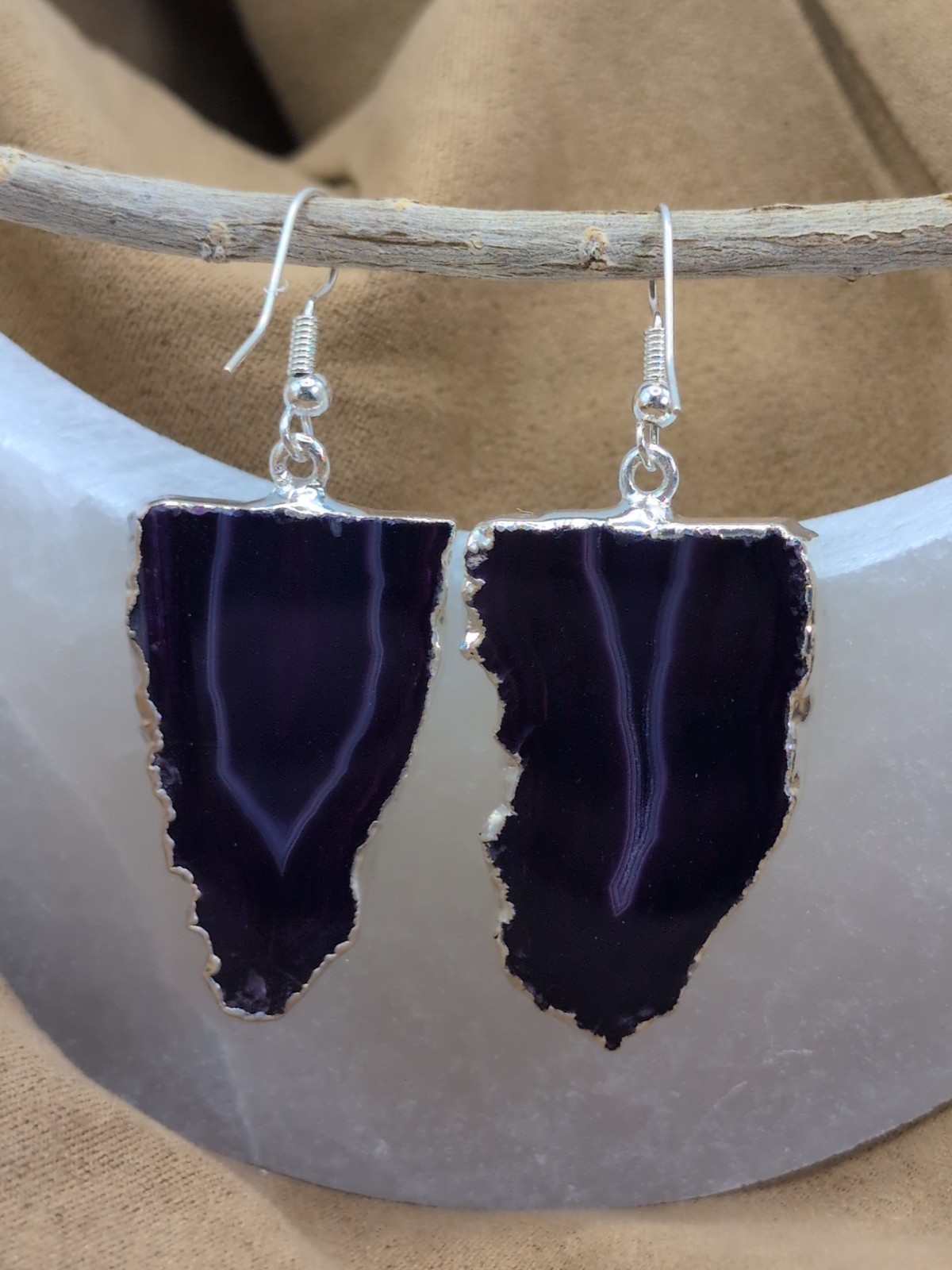 Natural Purple Agate Geode Slices Hook Earrings With Silver Plated Edge Brazil