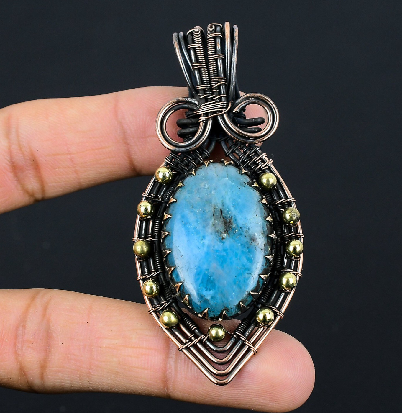 Neon Blue Apatite Handmade Gemstone Copper Wire Wrapped Jewelry Pendant