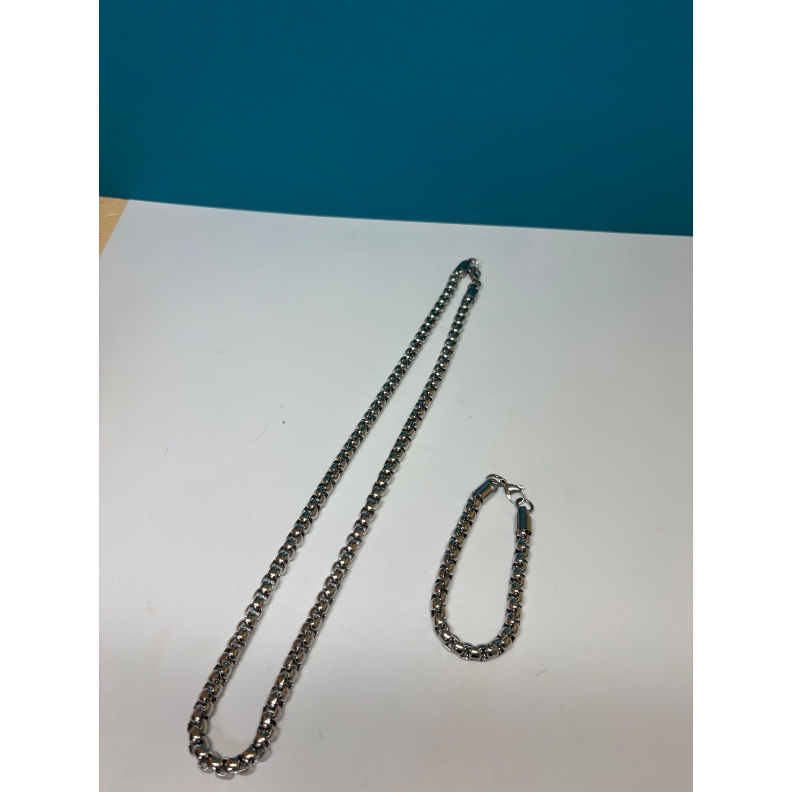 Silver Box Chain Necklace and Bracelet Set Stainless Steel 24in 8.5in