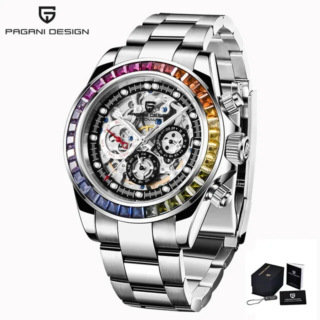 PAGANI DESIGN PD-1653 Automatic Mechanical Watch, Rainbow Circle, Skeleton Dial