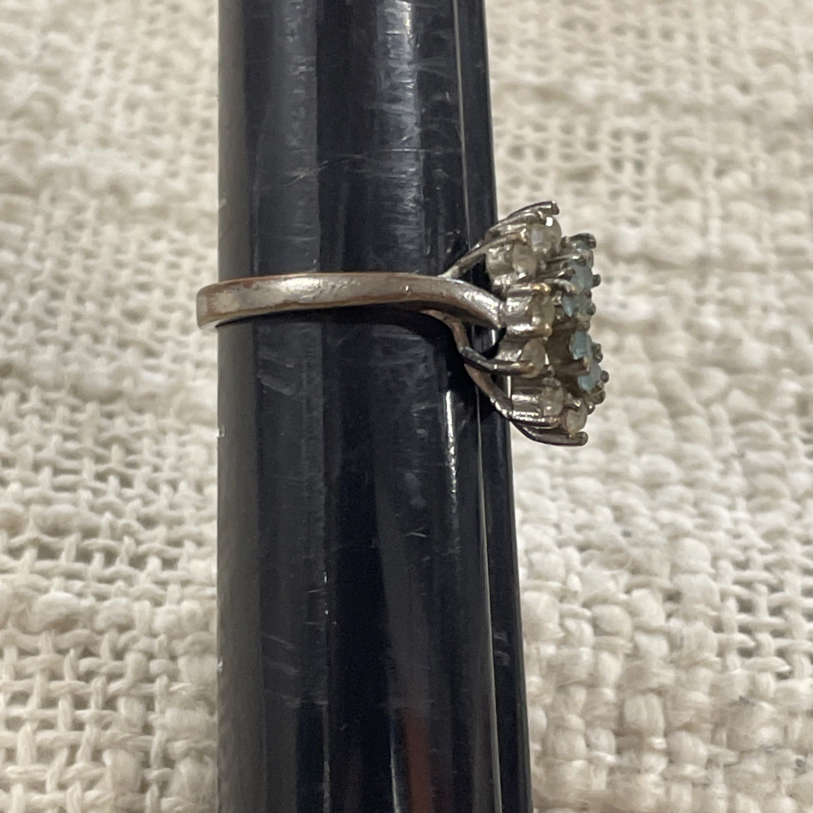 Silver Toned Blue & White Gem Cluster Cocktail Ring Size 9.5