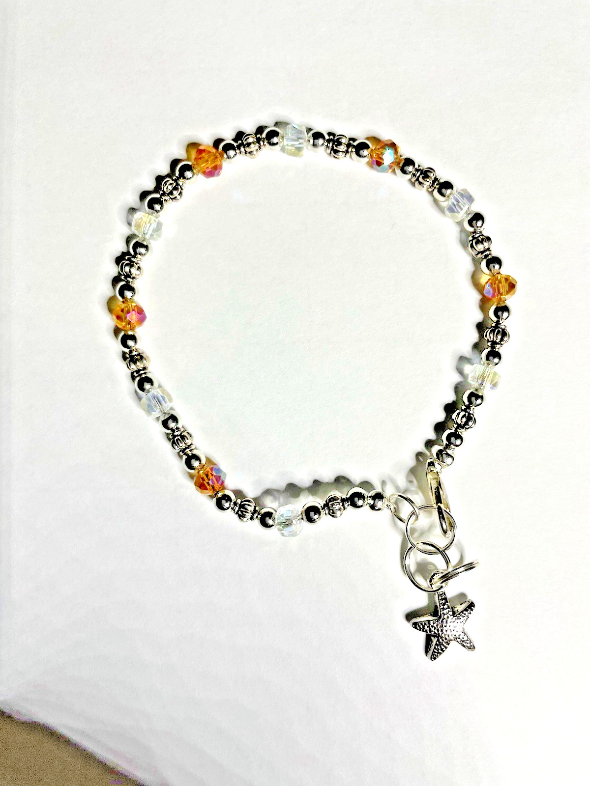 8 In Swarovski Topaz Crystal & Silver Bead Bracelet W/ Starfish Dangle