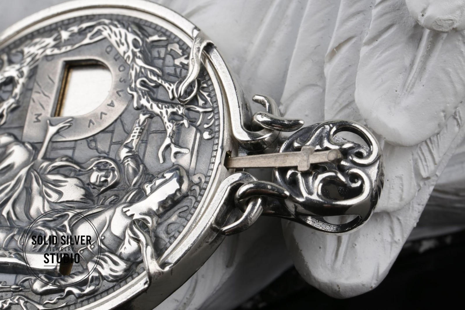 Solid S925 Sterling Silver Mechanical Hobo Coin Pendant Sword Holy Grail 40g