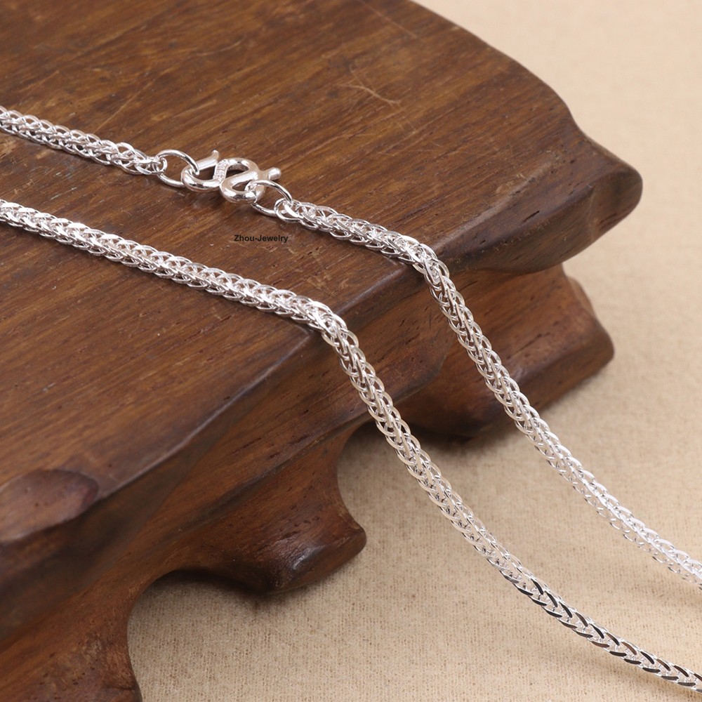Real S999 Fine Silver Necklace 1.8mm Wheat Link Chain for Women 17.7inch