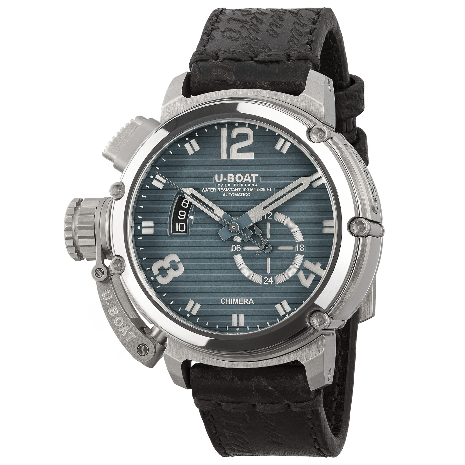 New U-Boat CHIMERA 46MM SS BLU Blue Dial Leather Band Men’s Watch 9602