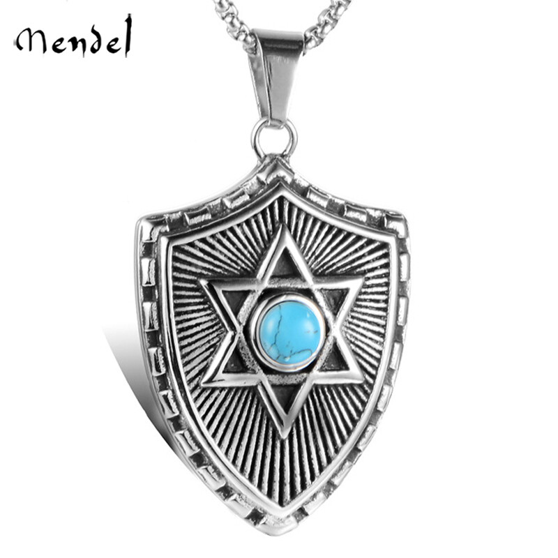 MENDEL Mens Shield Hexagram 6 Point Star of David Necklace Pendant Turquoise Men