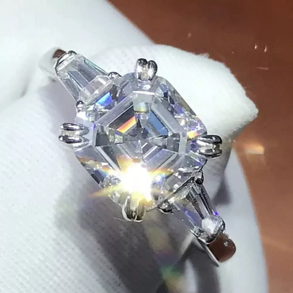 Solid 14K White Gold 3 Carat Asscher Cut Moissanite Solitaire Engagement Ring