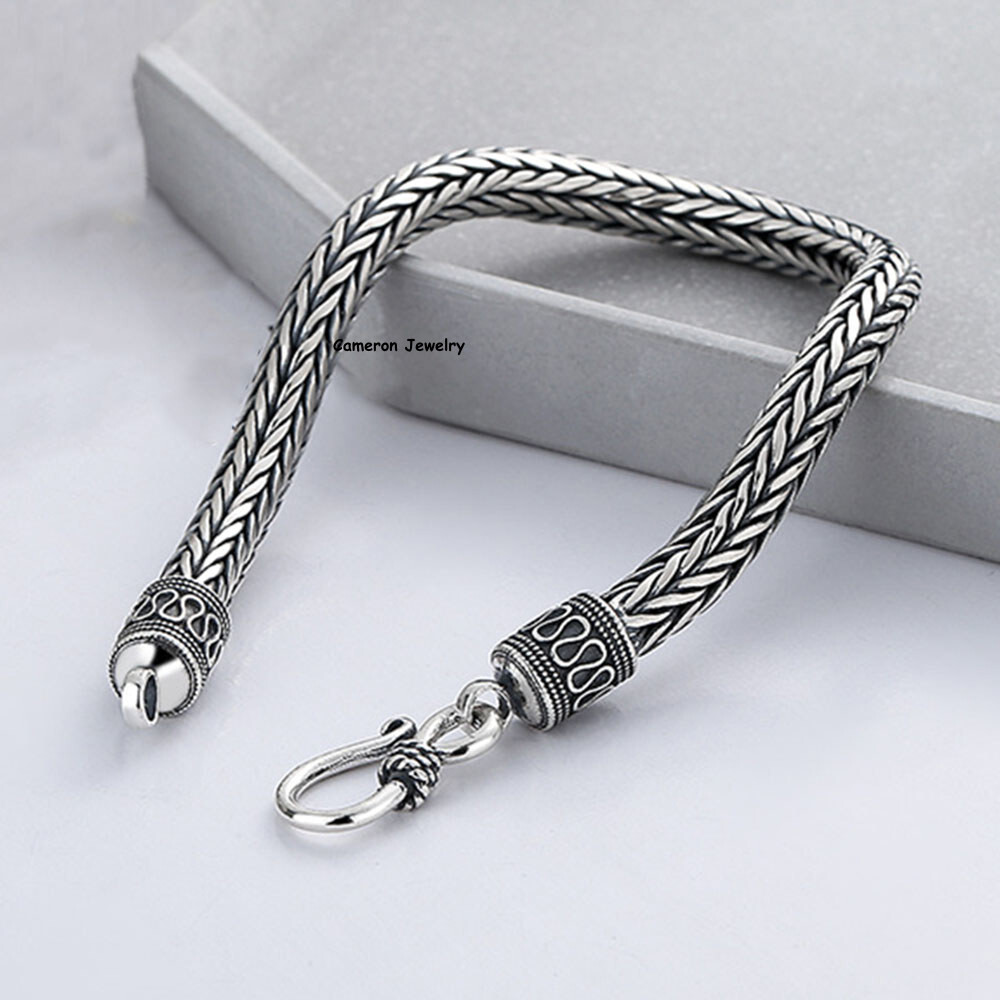 Solid 925 Sterling Silver Chain 6.5mm Braided Wheat Link Bracelet 7.9-8.3inch