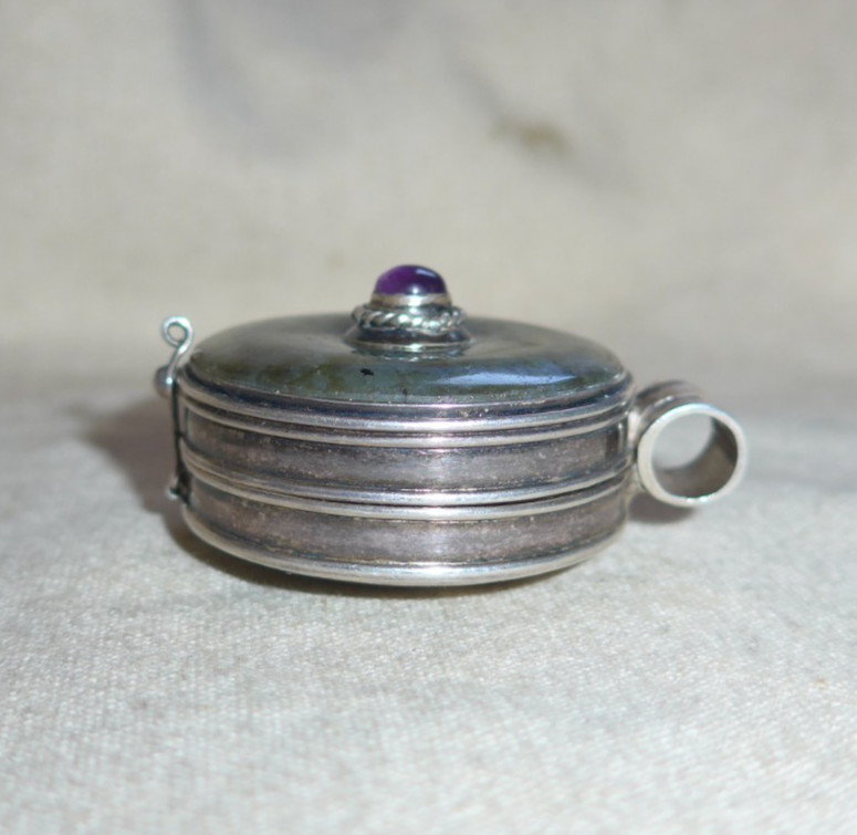 RARE vtg Sterling Silver Labradorite & Amethyst Pill Box Pendant 36g