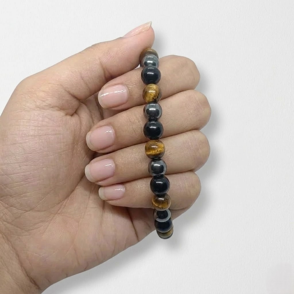 Triple Protection Bracelet with Tiger Eye, Hematite & Black Onyx | Stretch Beads