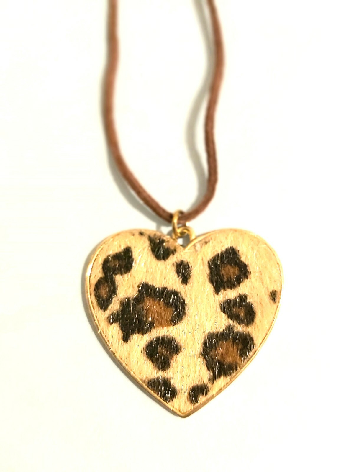 COOL Gold Tone Heart Shaped Faux Leopard Print Fabric Pendant on Leather Chord