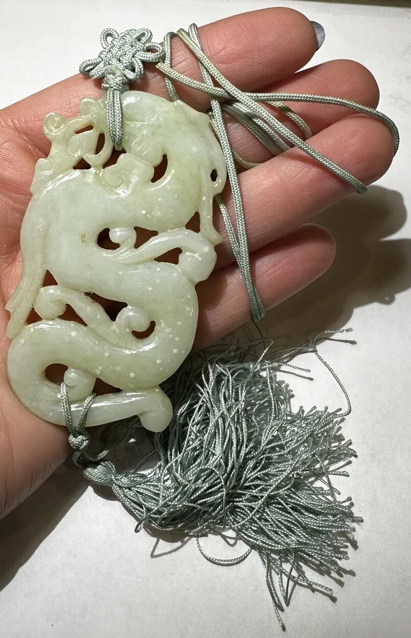 Carved Green Serpentine Jade Color Chinese Dragon Cord 28″ Necklace DA5