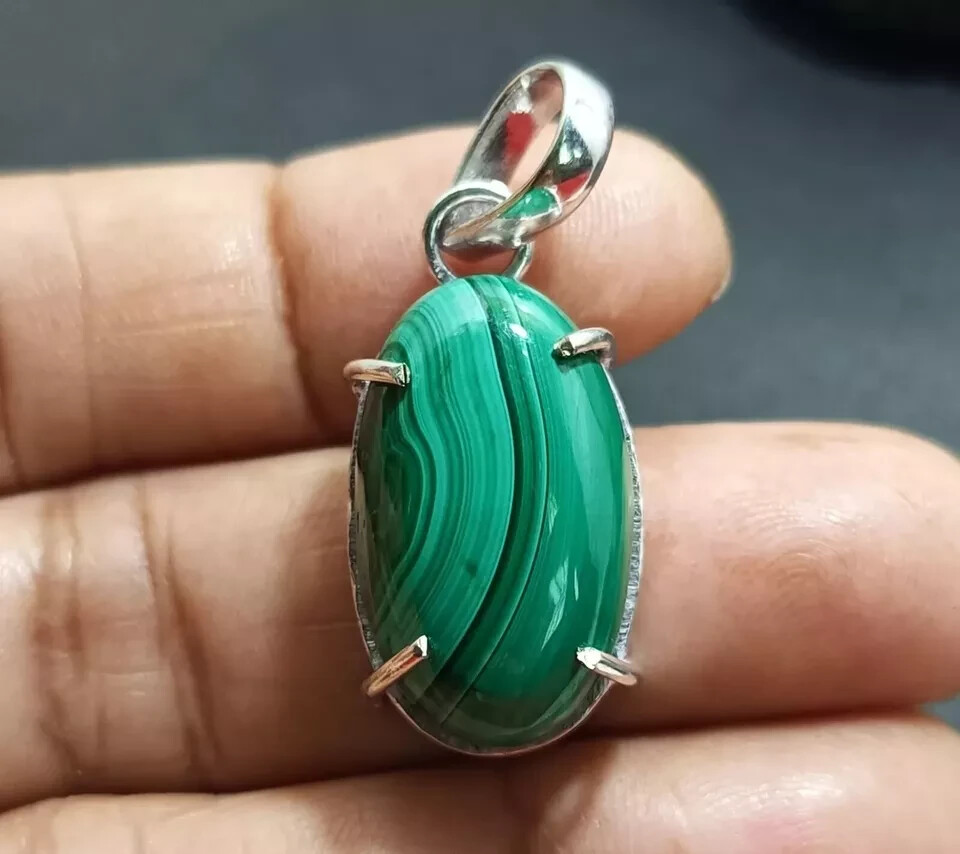 40.85 Ct+ Natural Green Malachite Pendant 925 Solid Silver Oval Cut HG Gemstone