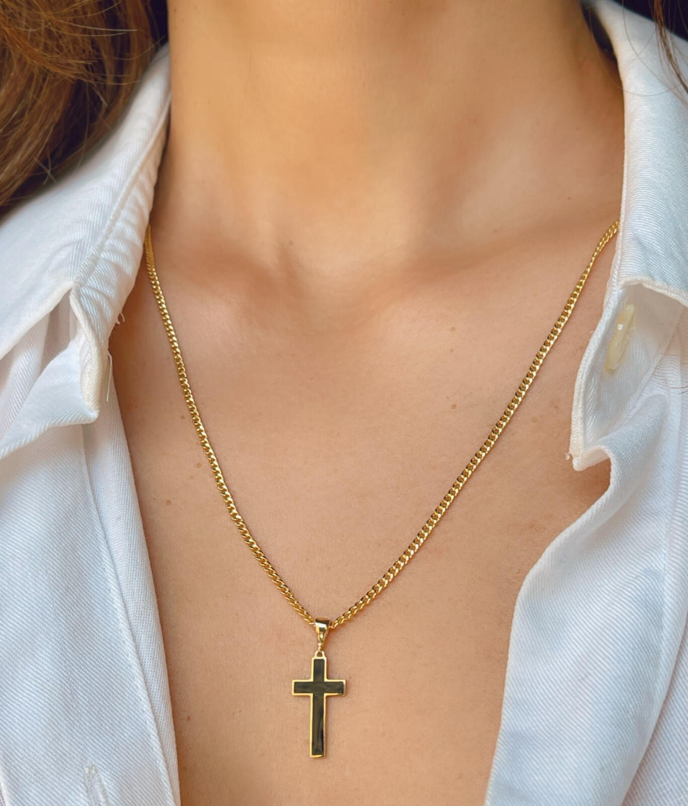 Black Enamel Plain Cross Pendant Solid 14K Real Gold Religious Charm Men Women