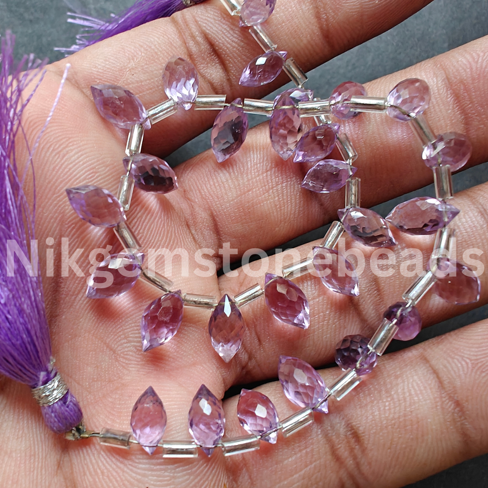 Natural Pink Amethyst Beads, Briolette Faceted Marquise Cut Gems, 8.50-11.00 MM.